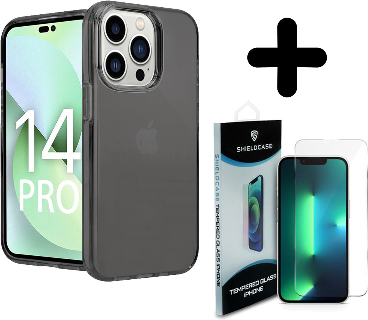 ShieldCase geschikt voor iPhone 14 Pro TPU case (zwart) + ShieldCase screenprotector - beschermglas iPhone bescherming - iPhone case bescherm hoesje + Screenprotector