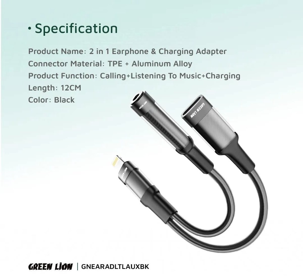 Green Lion 2 in 1 Earphone and Charging Adapter - Lightning to Lightning + 3.5 Aux - Zwart