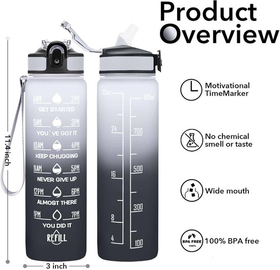 Seekua 1l glazen waterfles met rietje en motiverende tijdmarkeringen 1 liter grote lekvrije gym drinkfles Seekua 1l glazen waterfles met rietje en motiverende tijdmarkeringen 1 liter grote lekvrije gym drinkfles