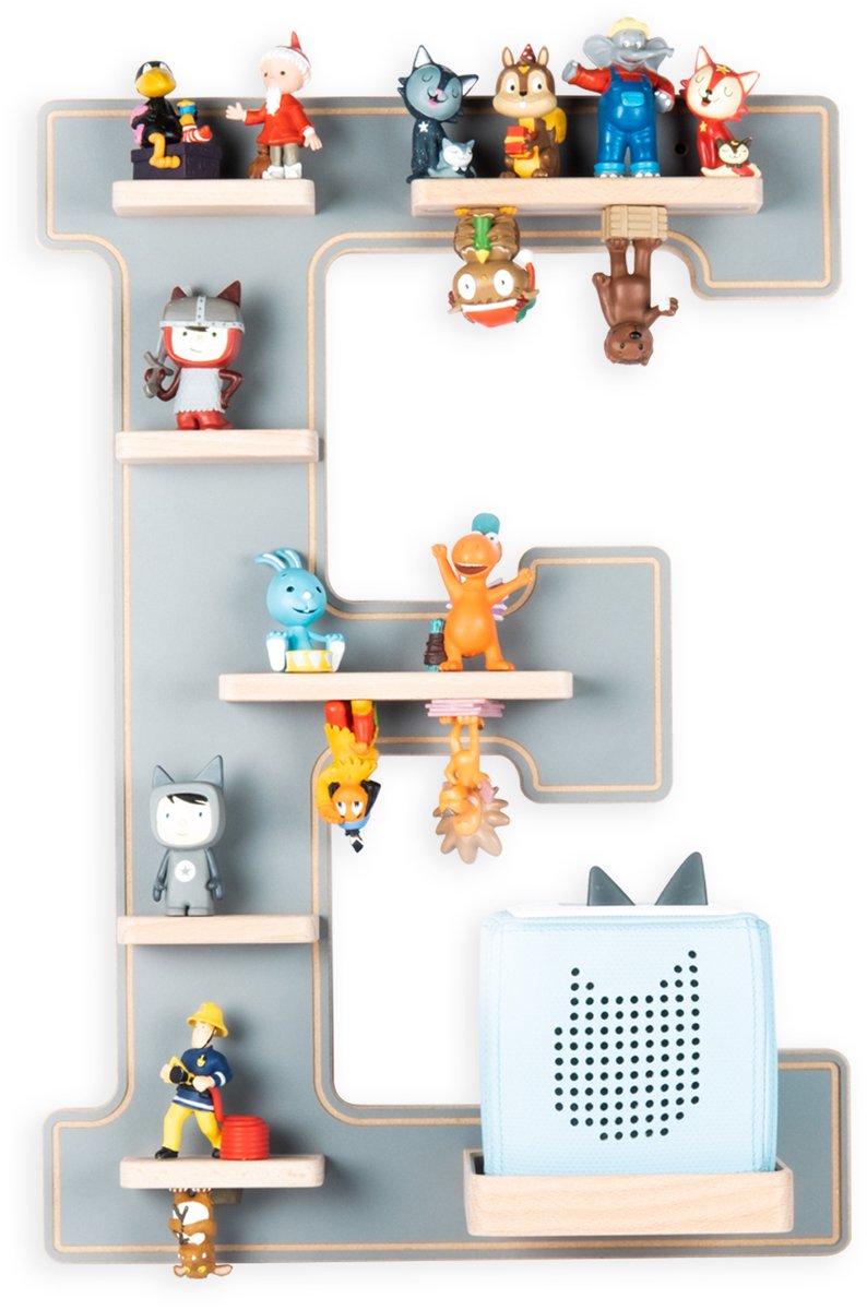 BOARTI Kinderregal Buchstabe E | hängend für Toniebox und Tonie Figuren | platzsparendes Regal | H. 54 x B. 38 x T. 19 | Wandregal Musikbox und Figuren Aufbewahrung Magneteinsätzen | Aufbewahrungsregal Holz