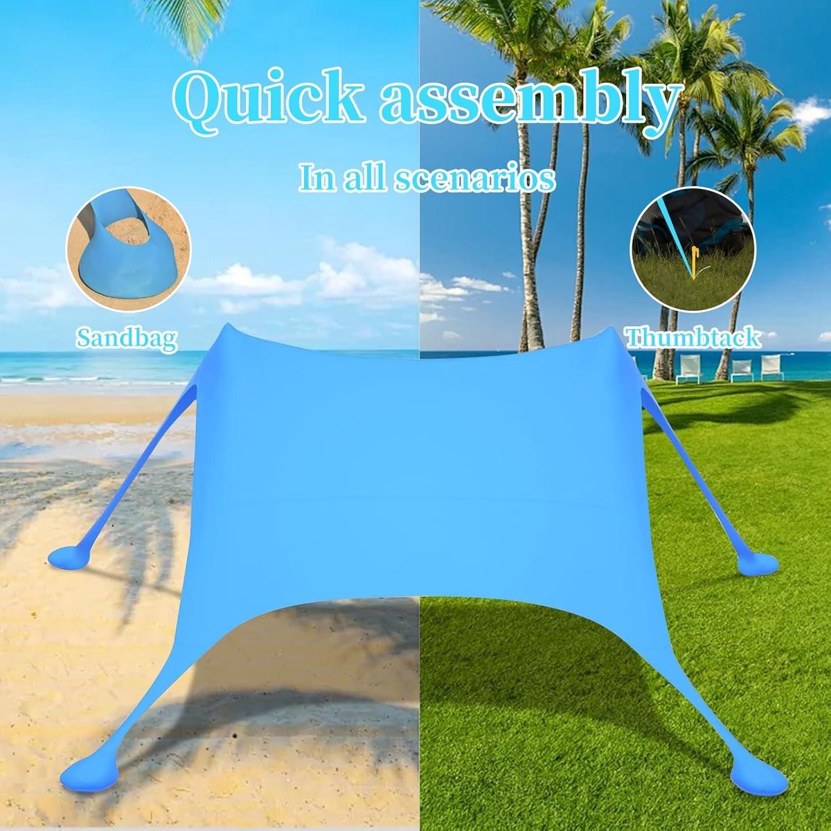 Strandtent 21 m x 21 m zonnescherm 12% lycra-stof - Blokkeert 98% UV-stralen - Inclusief handtas en zandschep