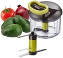 Tefal hakmolen met tomaten, avocad's en rode ui. De hakmolen heeft een transparante container, zwart deksel en limegroen handvat.
