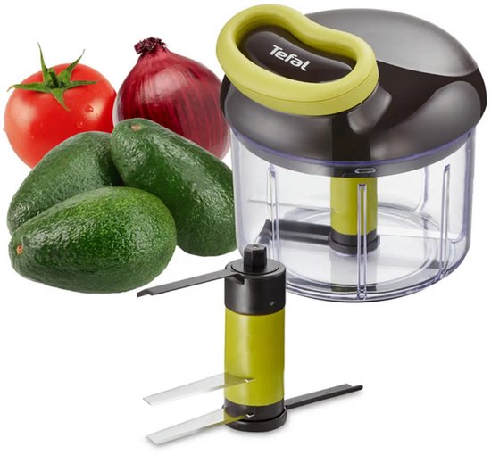 Tefal hakmolen met tomaten, avocad's en rode ui. De hakmolen heeft een transparante container, zwart deksel en limegroen handvat.