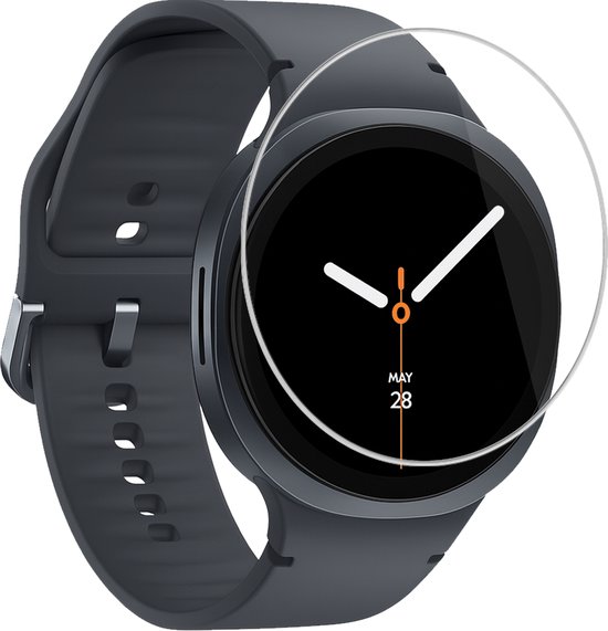 Grijze smartwatch met een transparante beschermfolie erop, die naadloos op de randen aansluit.