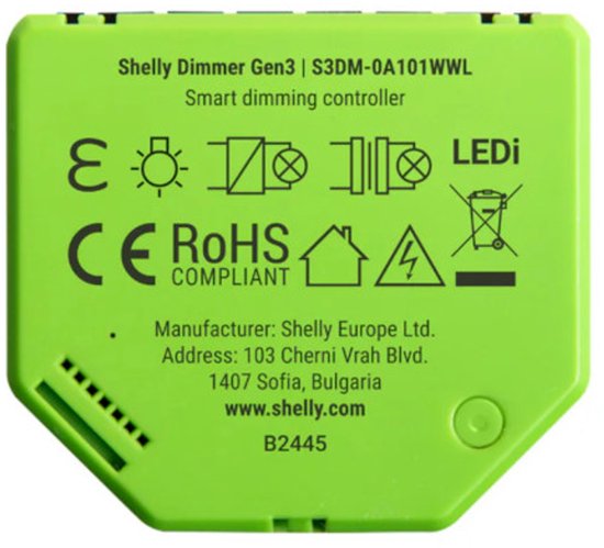 Achterkant van een groene Shelly Dimmer Gen3 slimme dimcontroller met CE, RoHS-markeringen en productinformatie.