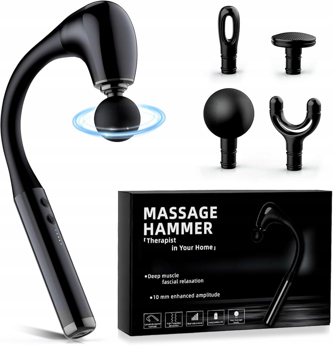 Elektrisch Elleboogmassagepistool - 1500 mAh - 120° Boogontwerp - Met verlengde handgreep - 5 snelheidsniveaus - 4 massagekoppen - Ultrastille technologie - Snel opladen