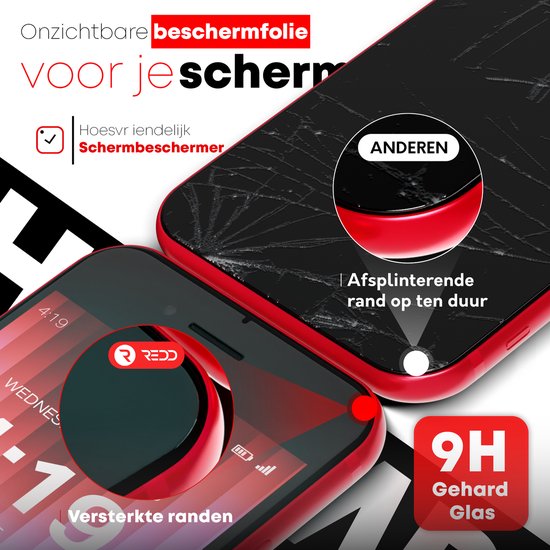 Film protectrice sur smartphone rouge protégeant contre les fissures. Avec "Verre Trempé 9H" et "Bords Renforcés".