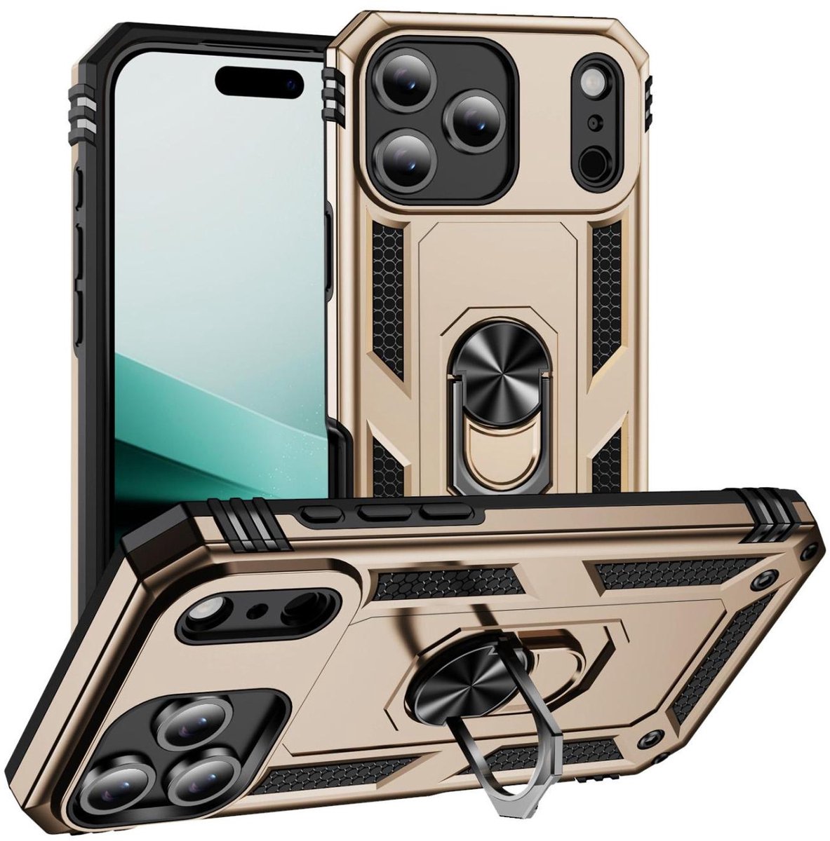 Mobigear Hoesje geschikt voor Apple iPhone 17 Pro Telefoonhoesje Hardcase | Mobigear Armor Ring Backcover Shockproof met Ringhouder | Schokbestendig iPhone 17 Pro Telefoonhoesje | Anti Shock Proof - Goud