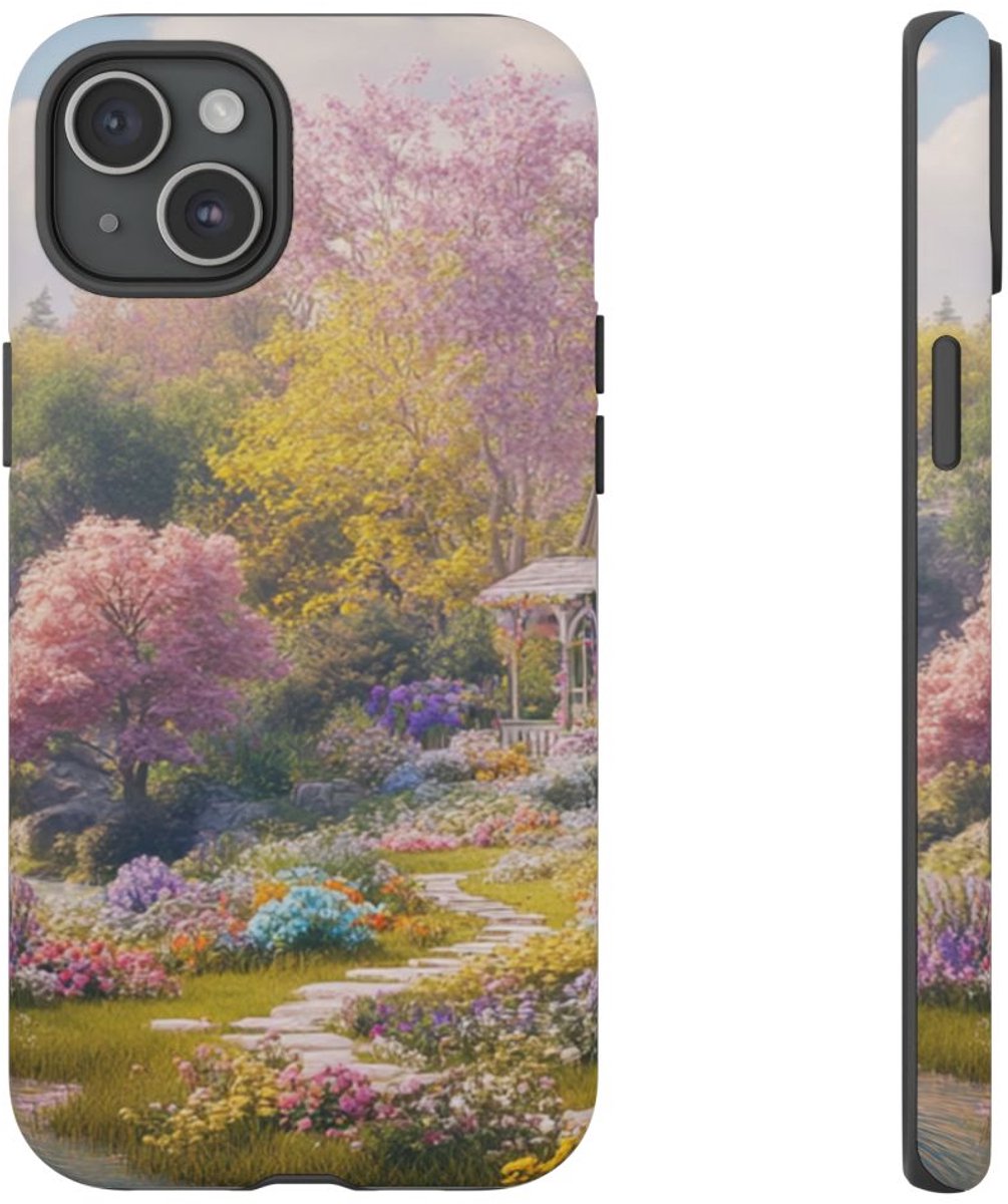 Bloemrijke Tuin met Waterval – Telefoonhoesje Geschikt voor iPhone 15 Plus