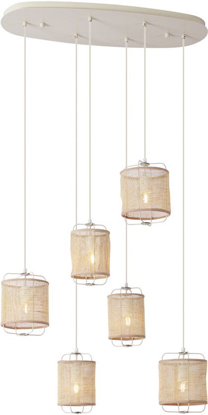 Ovale beige plafondplaat met 6 hanglampen, elk met een rieten kap.