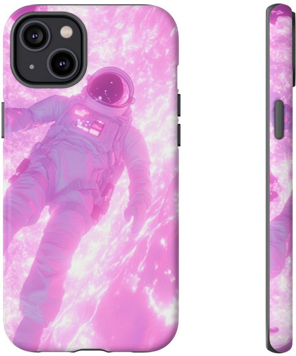 Astronaut Zwevend bij Roze Plasma – Telefoonhoesje Geschikt voor iPhone 14 Plus