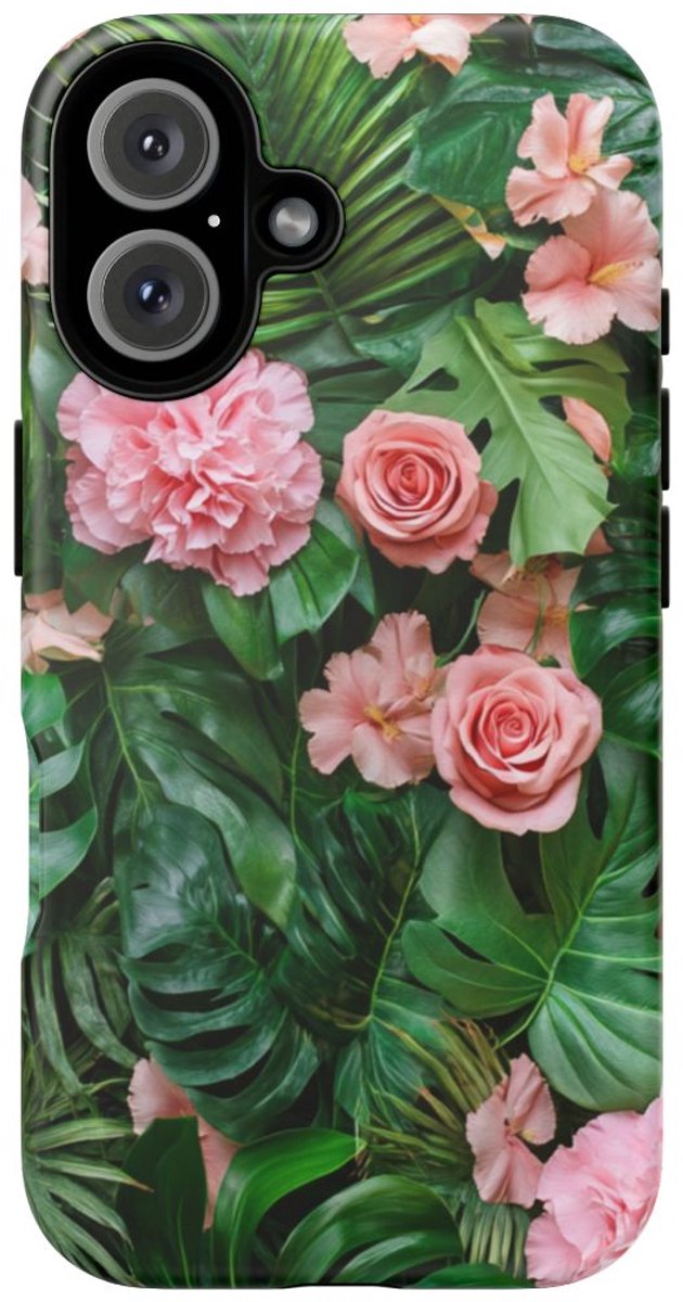 Roze Rozen en Tropische Bladeren Patroon – Telefoonhoesje Geschikt voor iPhone 16