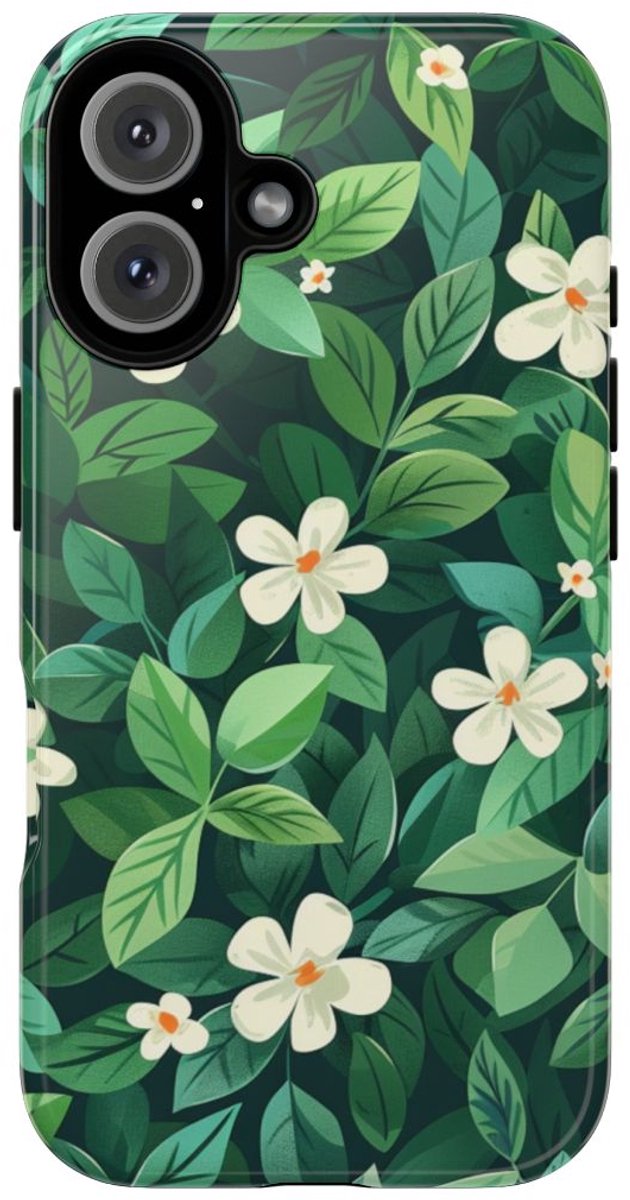 Groene Bladeren en Witte Bloemenpatroon – Telefoonhoesje Geschikt voor iPhone 16