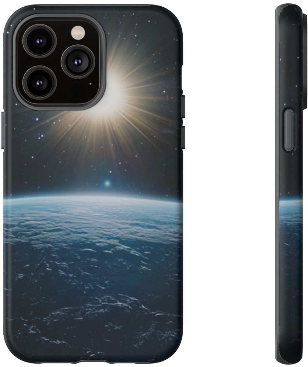 Blauwe Aardhorizon met Stralende Zon – Telefoonhoesje Geschikt voor iPhone 14 Pro Max