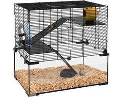 Hamsterkooi – Knaagdierenkooi – Hamsterhok – Dwerghamster Kooi – Hamsterhuis – 3-laags Ontwerp – Glazen Bodem - 60 x 40 x 54,5 cm - Zwart