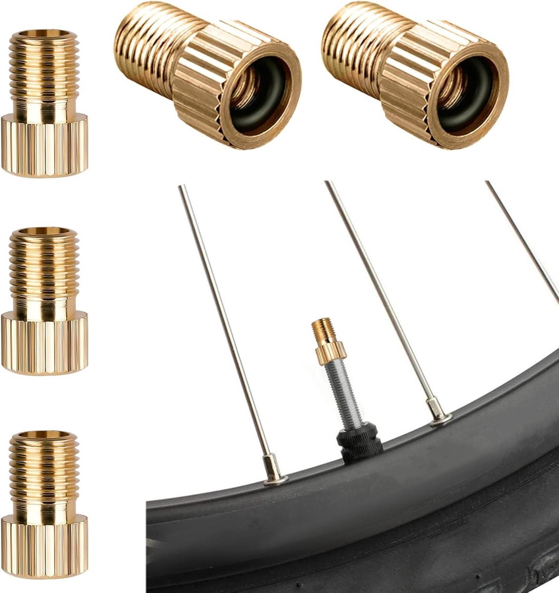 Allecto Plus - Fietsventieladapter set met 5 stuks adapters voor Frans ventiel | DV SV naar AV met afdichtring | Messing tubeless ventieladapter | Fietsaccessoires