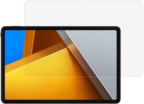 Transparante screenprotector op een tablet met een abstracte achtergrond in gele en blauwe tinten.
