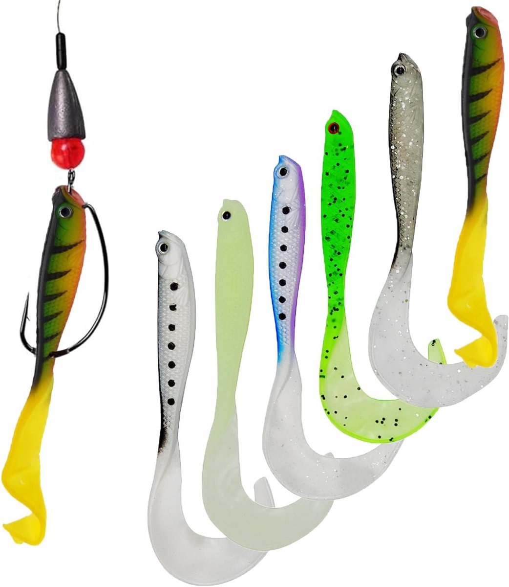 Allecto Plus - Visaas-set van 6 Stuks met Draaistaart Zachte Aas voor Snoek en Snoekbaars - Rubbervis - Kunstaas Set met Staart