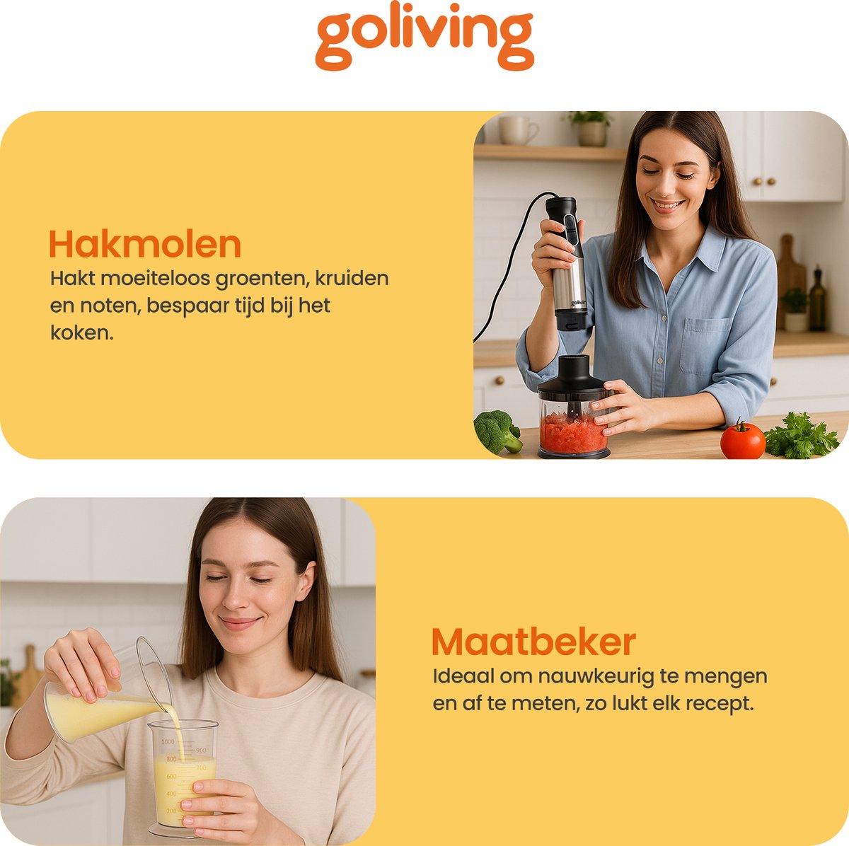 Goliving Staafmixer Set 4-in-1 - Hakmolen - Maatbeker - Garde - 1000W - Vaatwasserbestendige Accessoires - RVS - Zwart – foto 3