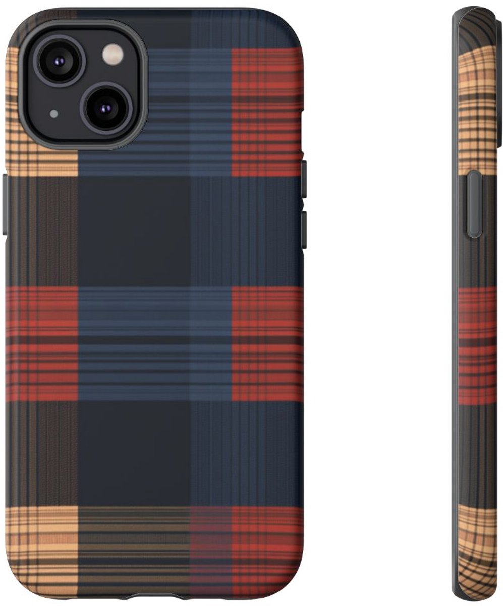Caramel en Donkerblauw Geruit Patroon – Telefoonhoesje Geschikt voor iPhone 14 Plus