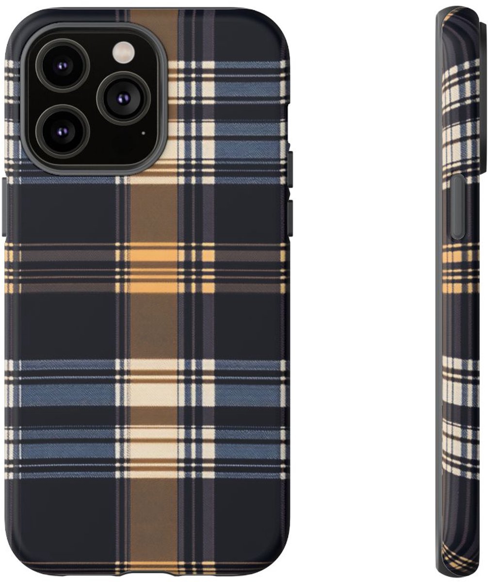 Caramel en Donkerblauw Geruit Patroon – Telefoonhoesje Geschikt voor iPhone 14 Pro Max