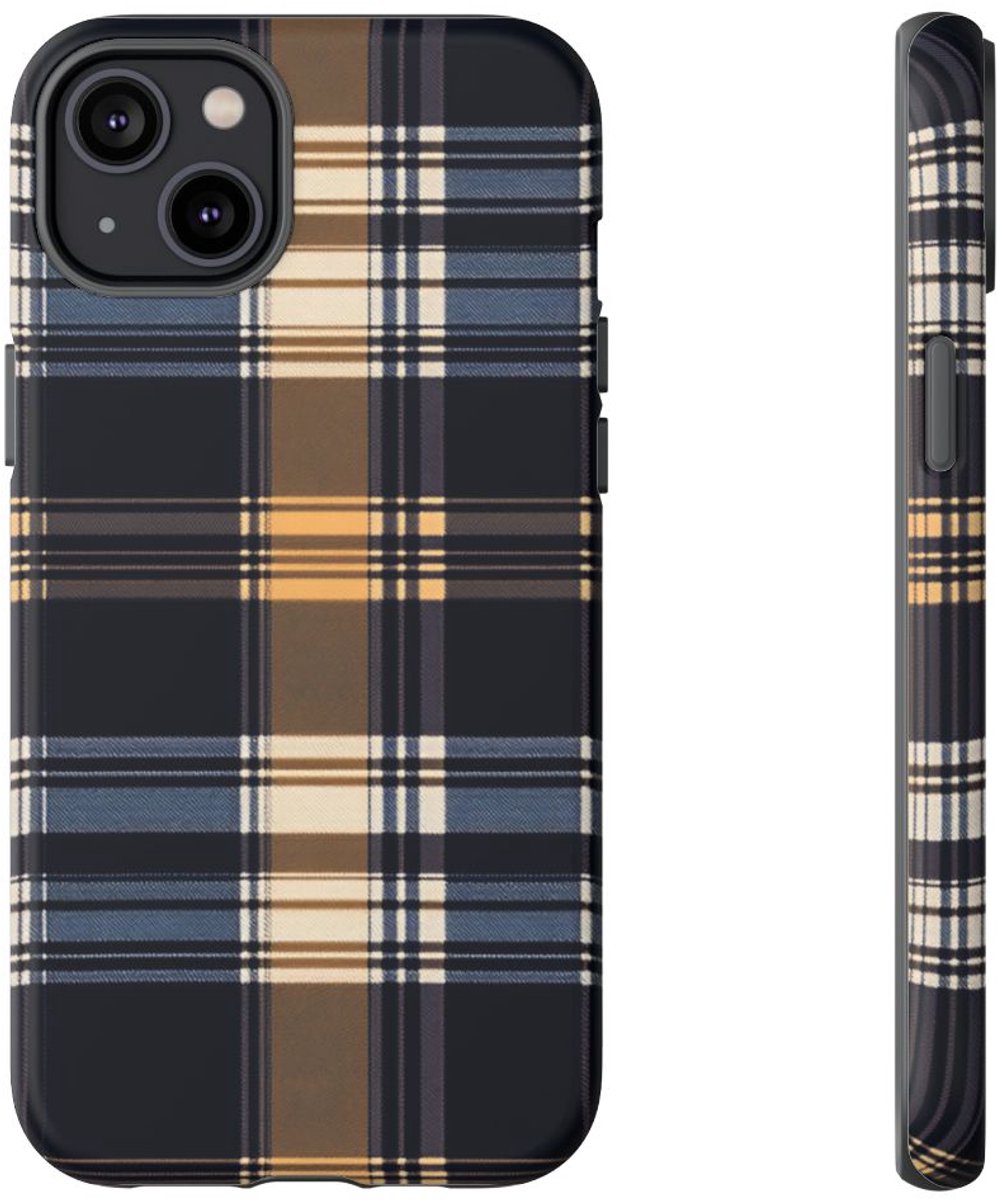 Caramel en Donkerblauw Geruit Patroon – Telefoonhoesje Geschikt voor iPhone 14 Plus