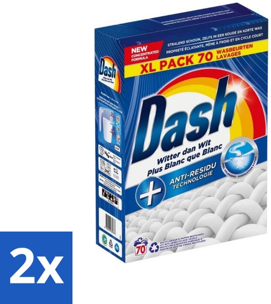 Dash - Witter dan Wit - Snel Oplossend Waspoeder - Witte Was - 70 Wasbeurten - Voordeelverpakking - 2 stuks