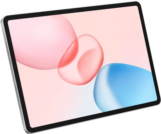 Grijze Honor tablet met een scherm dat roze en blauwe abstracte vormen toont, diagonaal van voren gezien.