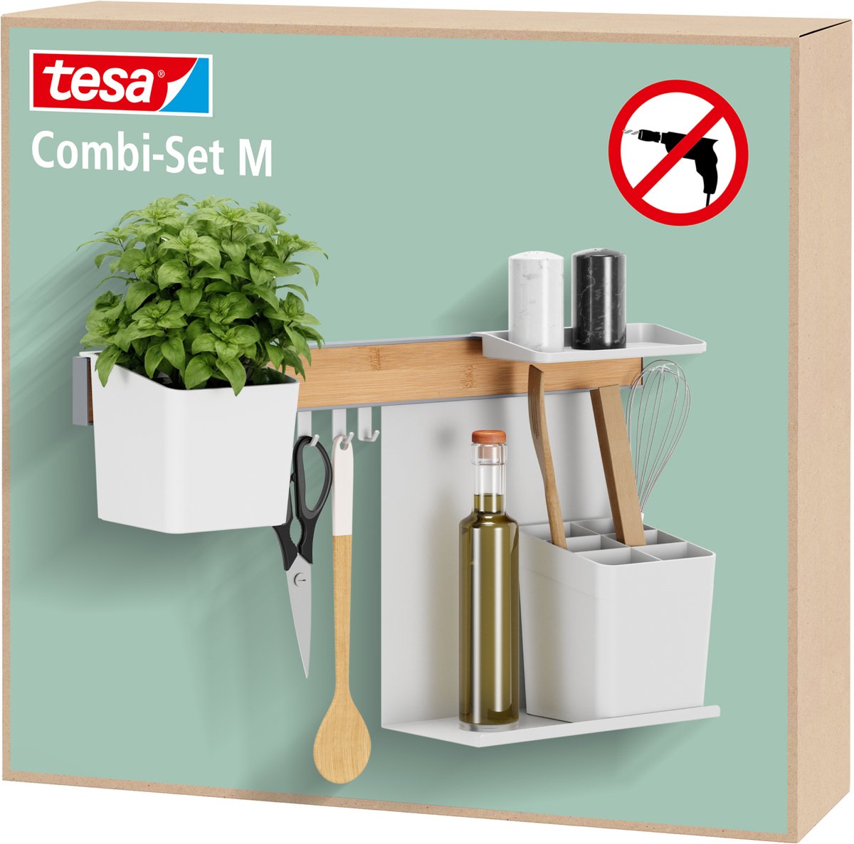 tesa keukenorganizer set M strip bamboe wit met pot planken organizer houder – keuken