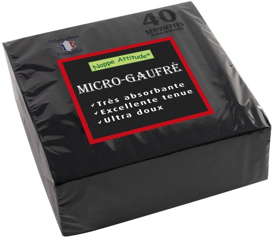 40 serviettes micro-gaufrées noires, 38x38cm, Fabrication Française