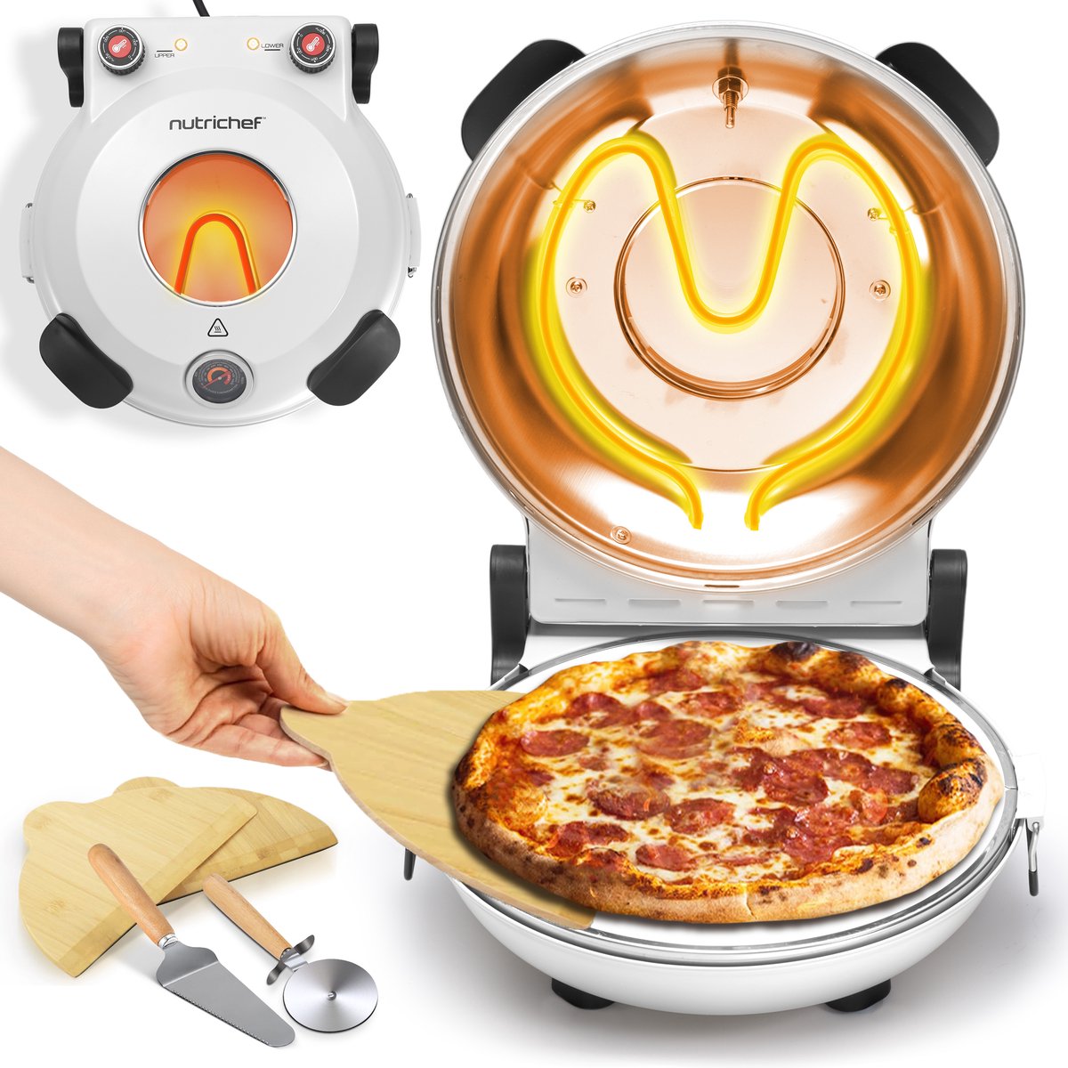 Nutrichef Pizza oven - 30 cm Elektrische Pizza Maker - 1200 Watt - Tot 425°C - Wit