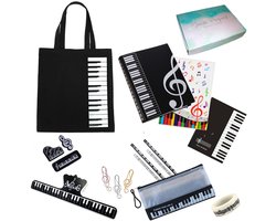 GOOGIT Muziekset 17-delig Muziekmap Notitieboek met pentagram Katoenen tas Etui Potloden Kantoorartikelen Pianoschool Studenten (Zwart)