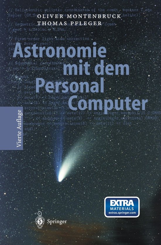 Boekcover met de titel "Astronomie mit dem Personal Computer" en een komeet die door de ruimte zweeft. Vierde editie.