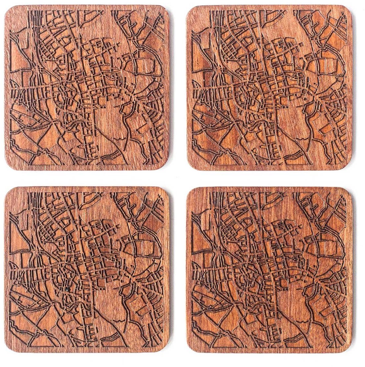 Oxford, Engeland kaart onderzetters van sapele hout, 4 stuks, met stadskaart, meerdere steden optioneel, handgemaakt