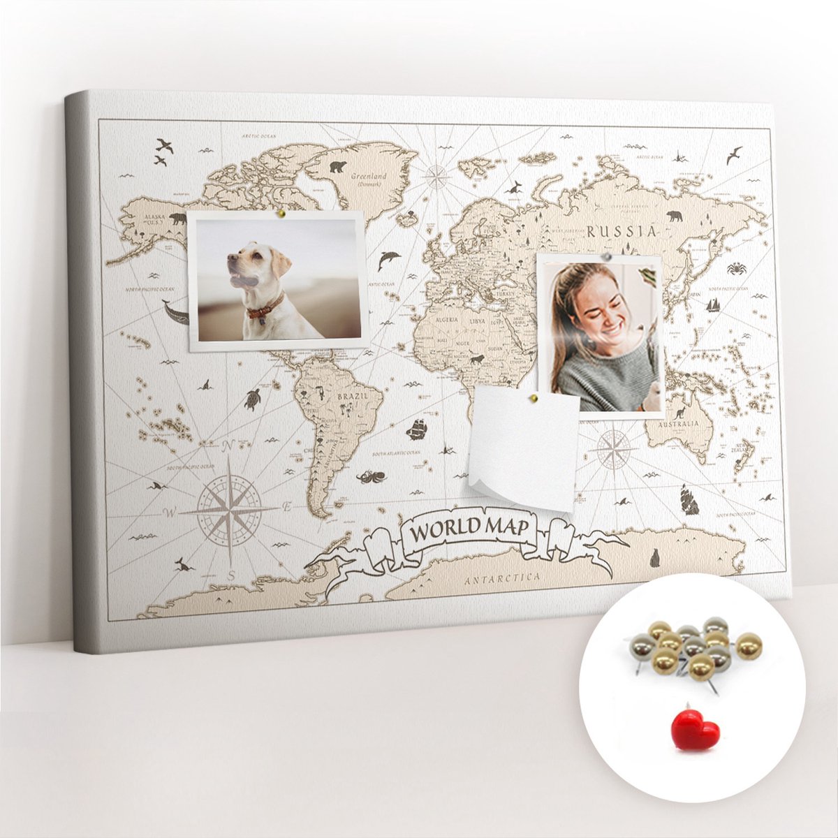 Tulup Prikbord - Vintage wereldkaart Kurkbord - 60 cm x 40 cm - Wit Prikbord - Metalen Pinnen - Kurk Bedrukken - Kurk Prikbord Bureau - Memobord Van Kurk - Design Prikbord Kurk - Kurkbord Wanddecoratie