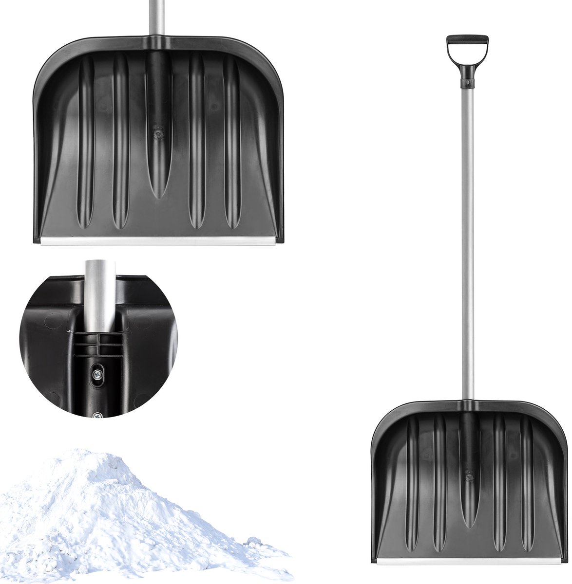 KADAX Sneeuwschep met ergonomische handgreep, kunststof blad, sneeuwschuiver, ideale sneeuwschuiver voor kleine en grote sneeuwniveaus, sneeuwruimer, stabiel (aluminium steel, zwart)