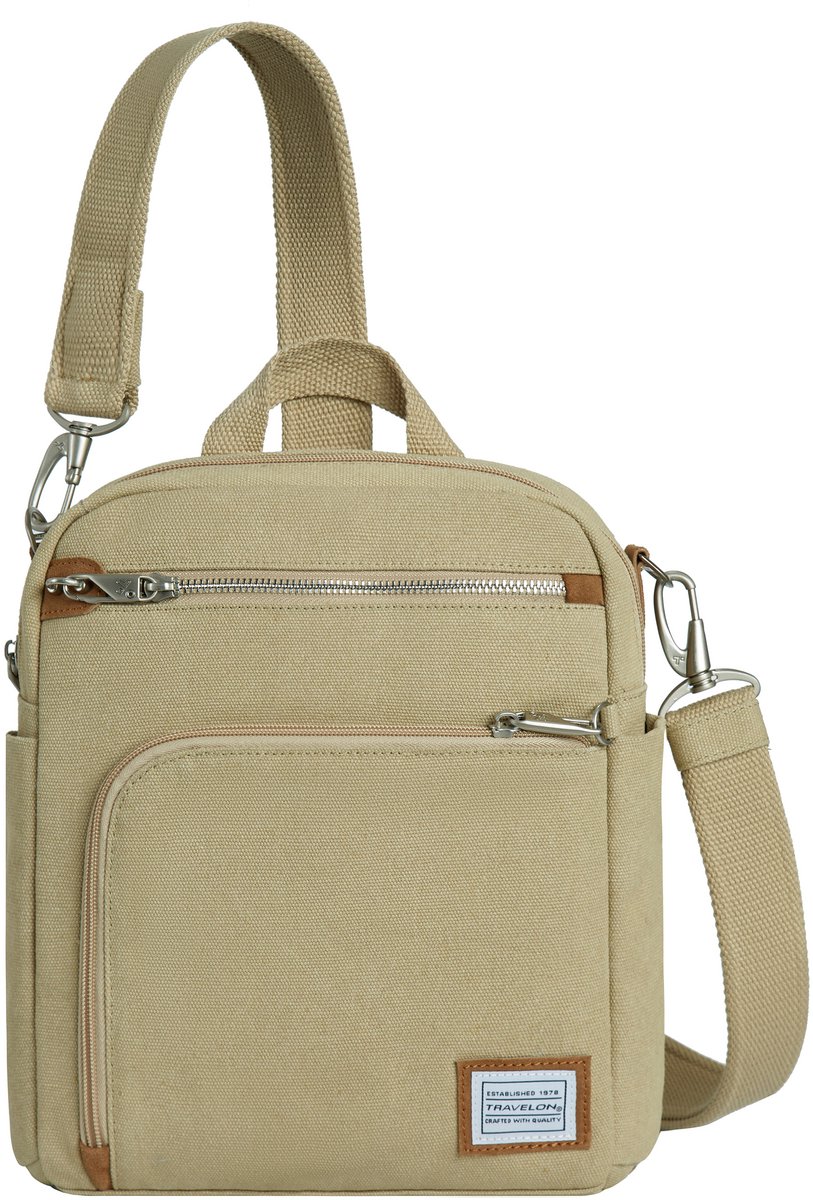 Travelon Heritage Anti‑diefstal Tour Bag – Natural – Ruime schoudertas met RFID, snijbestendige panelen en lock‑down strap