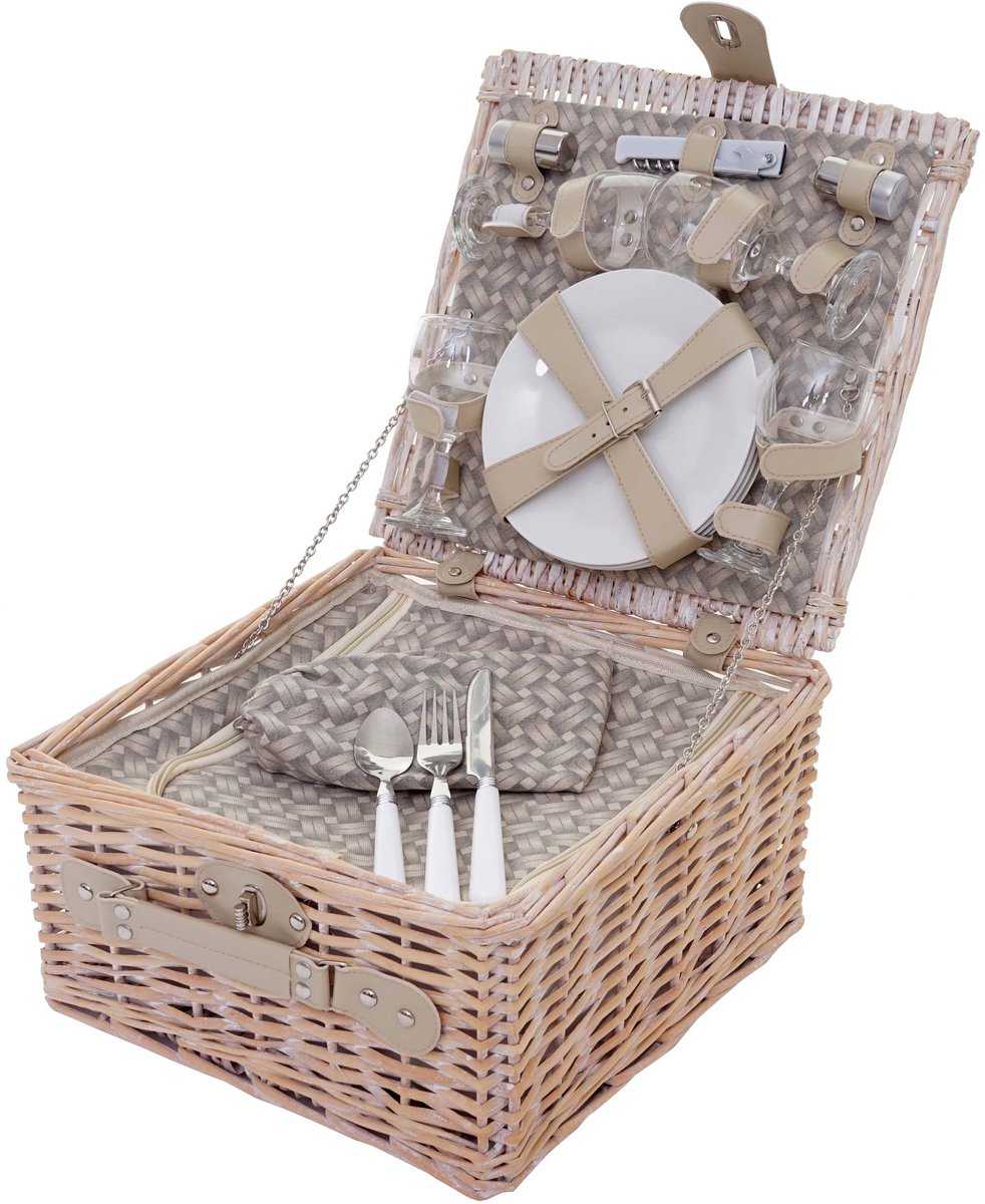 Picknickmand set voor 4 personen, picknicktas + koelvak, porseleinglas roestvrij staal, beige