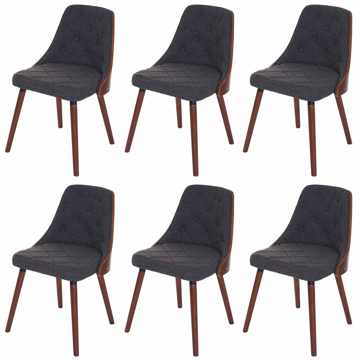 MCW Set van 6 eetkamerstoelen MCW-A75, bezoekersstoel keukenstoel, walnoot-look gebogen hout ~ textiel grijs