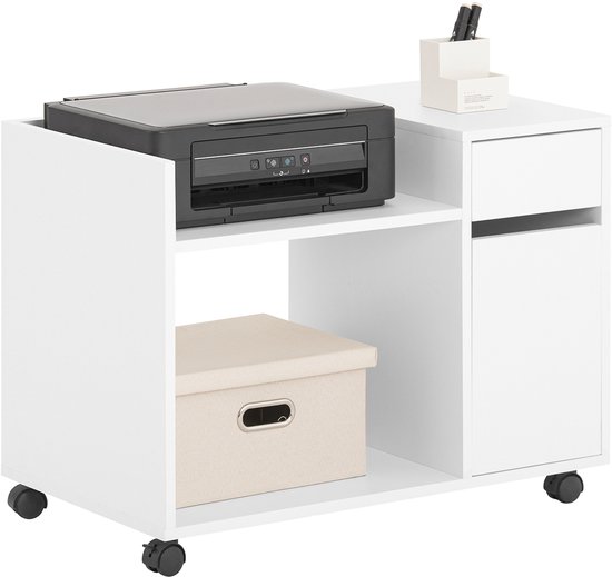 Witte bureaukast met printer, opbergdoos, lade en wieltjes.