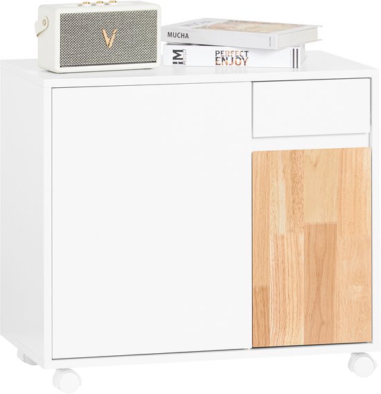Witte printerkast met houten accent, met luidspreker en boeken bovenop.