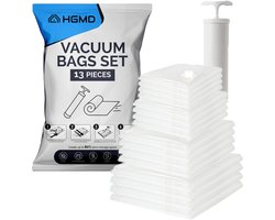 HGMD Vacuumzakken voor kleding en dekbedden - 13 Stuks - 4 Maten - 12 Vacuüm opbergzakken inclusief handpomp - Vacumeerzakken