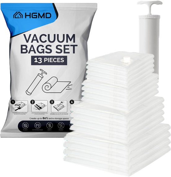 HGMD Vacuumzakken voor kleding en dekbedden - 13 Stuks - 4 Maten - 12 Vacuüm opbergzakken inclusief handpomp - Vacumeerzakken