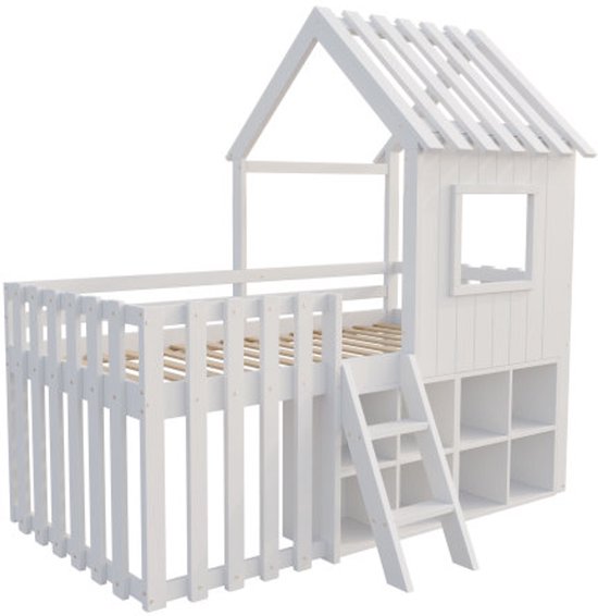 Lit cabane pour enfant 90x200, avec toit et fenêtre, avec espace de rangement ouvert, avec échelle d'escalade, lit superposé pour enfant en bois massif sans matelas, blanc