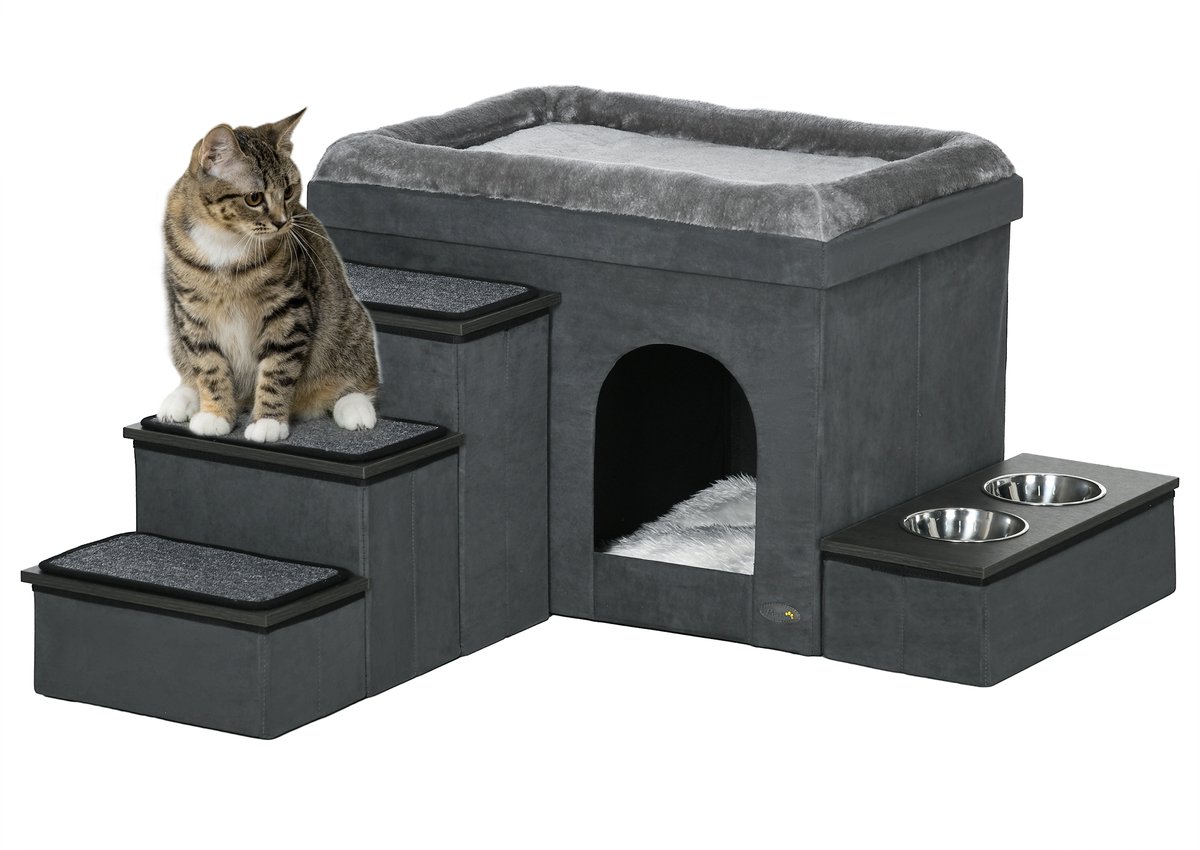 PawHut Katzenhöhle Katzenhütte mit Treppe, Katzenhaus mit 2 Edelstahlnäpfen, Katzenbett, Hundehaus mit Kissen, für Katzen, Hunde bis 8 kg, Polyester, 78 x 48 x 49,5 cm, Grau