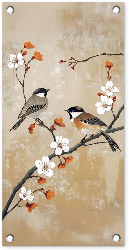 Tuinposter 30x60 cm - Tuindecoratie Vogels - Bloesemtak - Bloemen - Oranje - Poster voor in de tuin - Buiten decoratie - Schutting tuinschilderij - Tuindoek muurdecoratie - Wanddecoratie balkondoek