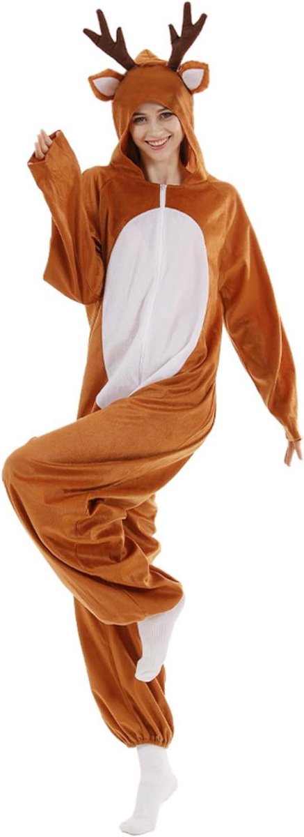 Rendierkostuum Uniseks Kerstoutfit met Capuchon en Knopen - Volwassenen - Pyjama Cosplay - Dames