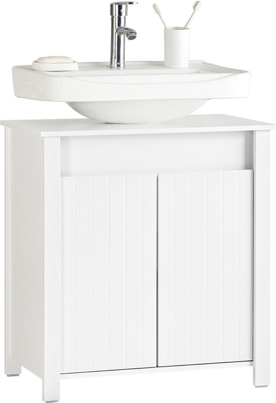 Witte wastafelonderkast met twee deuren met verticale groeven. De bovenkant heeft een witte wastafel met kraan en zeepdispenser.