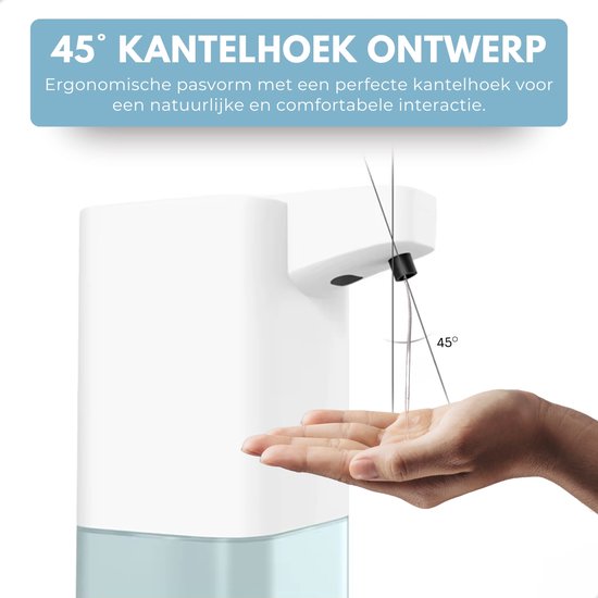 Automatische zeepdispenser met 45° kantelhoek ontwerp voor ergonomische bediening.