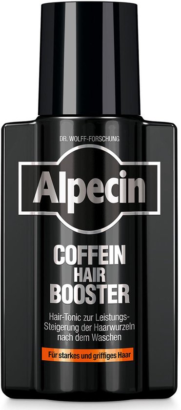 Flacon Alpecin Coffein Hair Booster noir avec texte blanc et orange sur fond blanc.